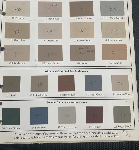 Deck coating color card showing standard, additional and popular custom colors in tans, grays and reds