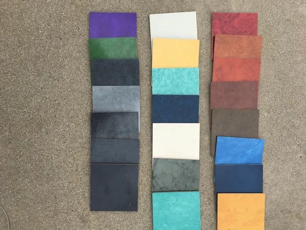 Three columns of metallic and marbled epoxy color chips in purples, greens, blues, teals and oranges