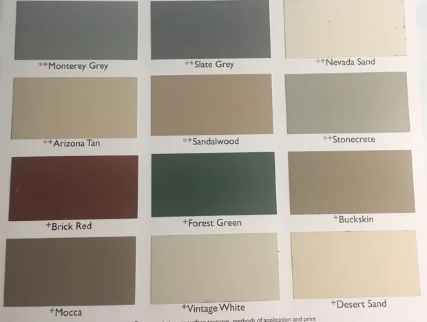 Sealer color chart showing twelve colors including grays, tans, brick red, forest green and vintage white