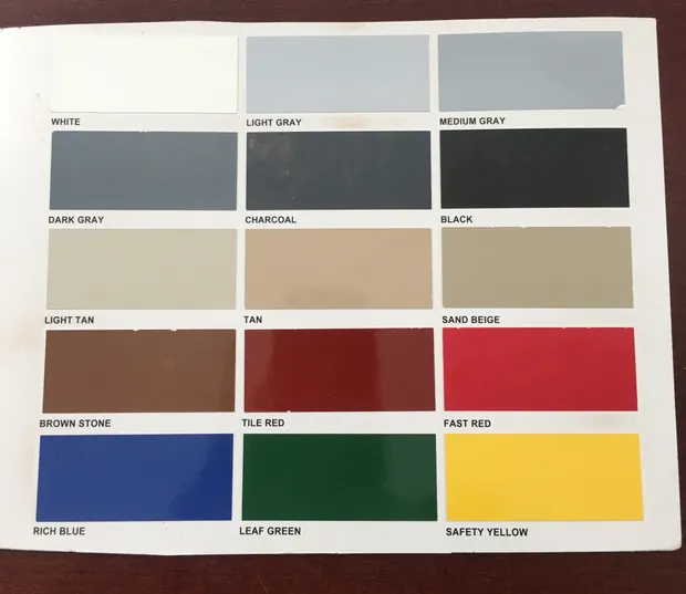Color card showing fifteen solid coating colors from white and grays through tans, reds, blue, green and safety yellow