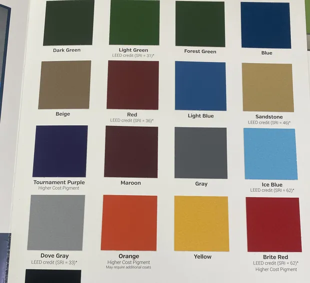 Sport court color chart showing sixteen acrylic court colors including greens, blues, reds, purple and gray