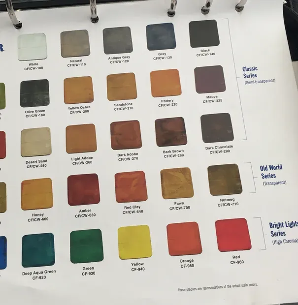 Concrete stain color chart in three series: semi-transparent classic tones from white through the grays and black, transparent old-world earth tones, and high-chroma brights
