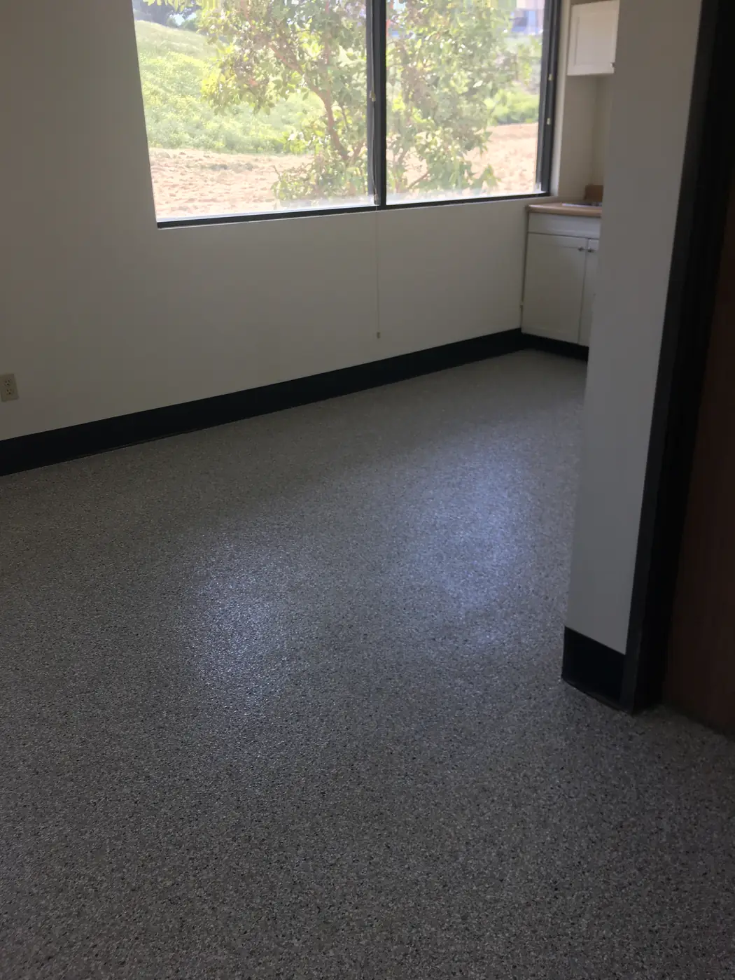 Charcoal flake epoxy floor in an empty office suite with a window to the hills