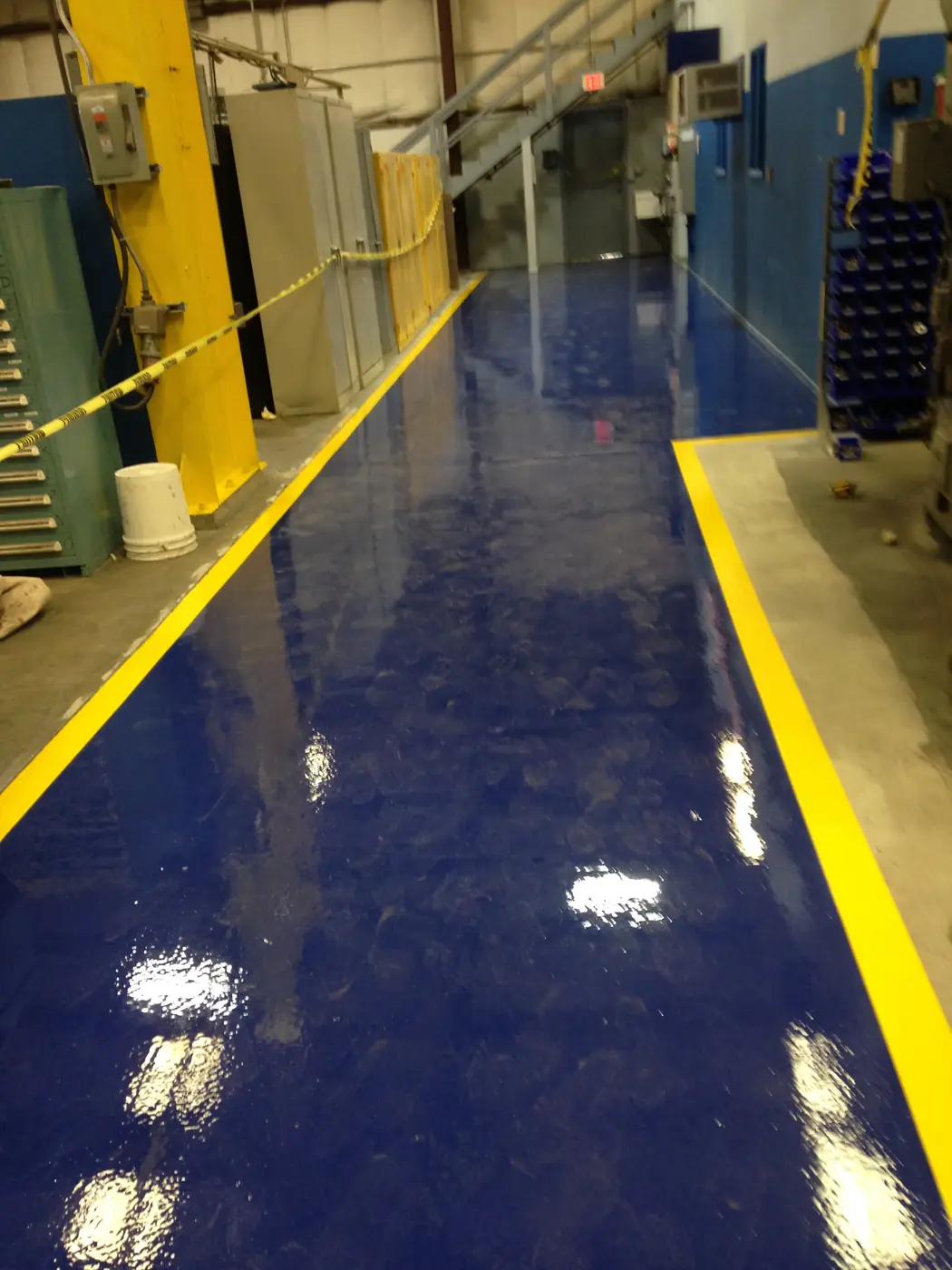 Deep blue epoxy floor with yellow safety lines running through a plant