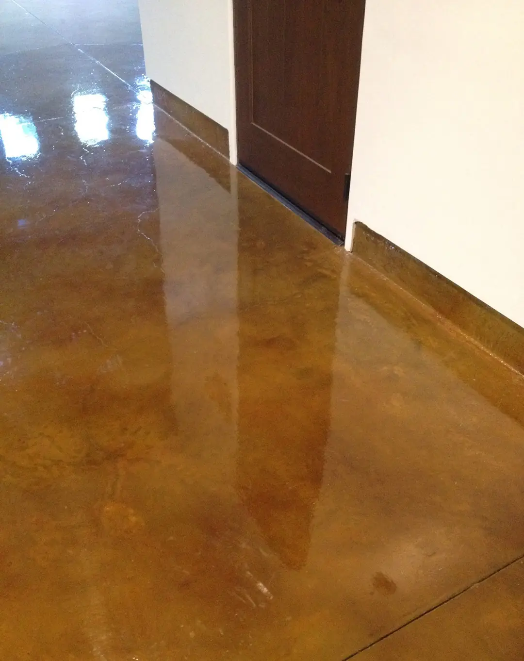 Amber stained concrete hallway floor reflecting the doorways
