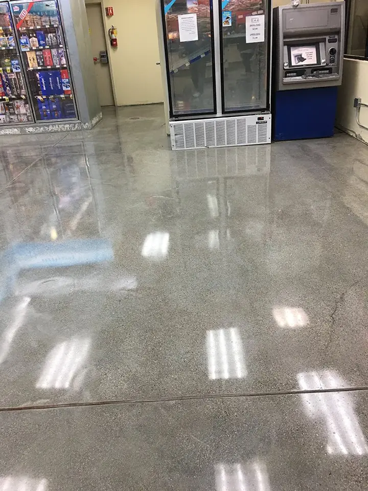Polished concrete floor running through a convenience store