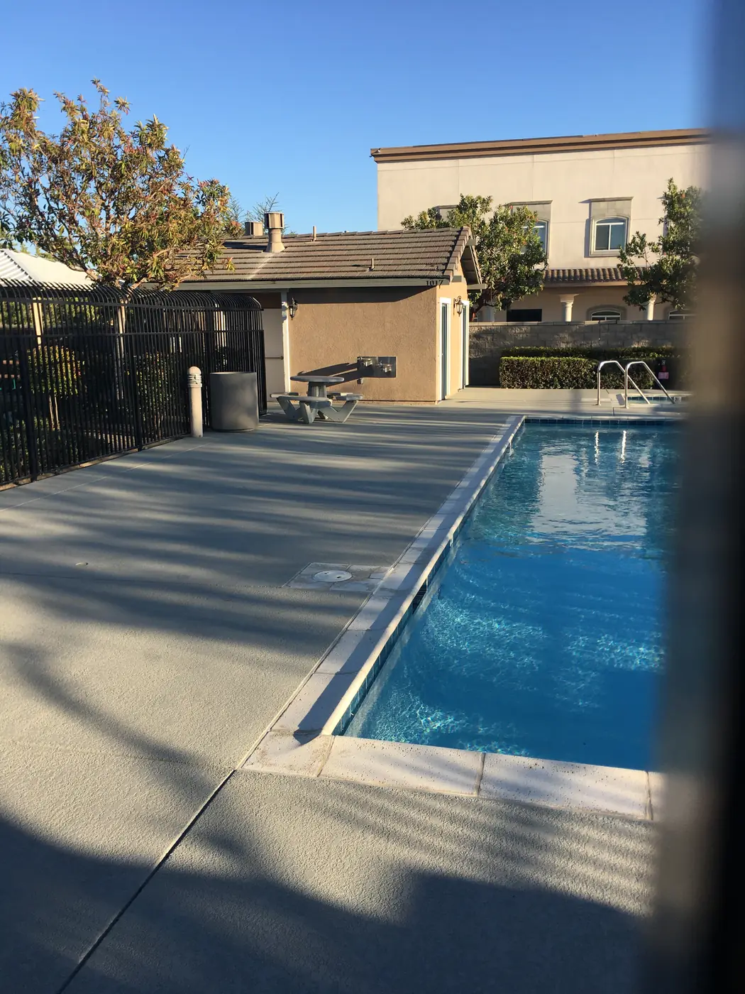Backyard pool with a gray textured deck behind a wrought iron fence