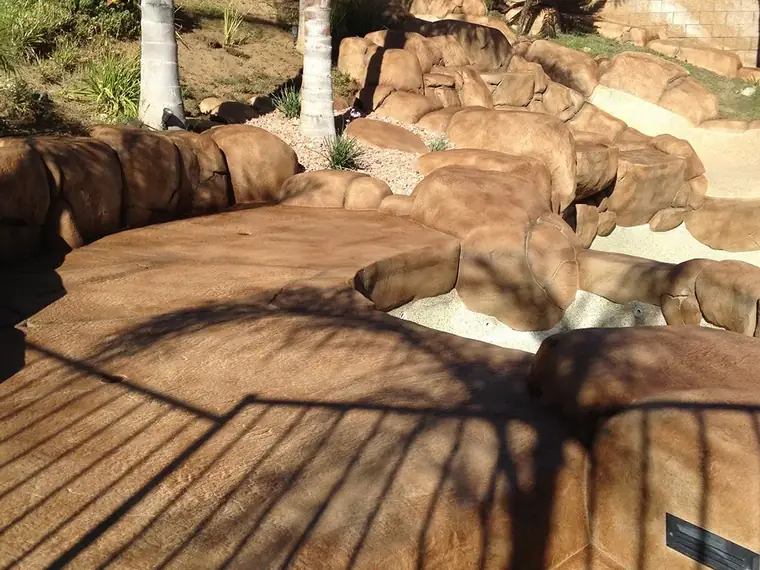 Restained rock feature and stained deck under palm shadow