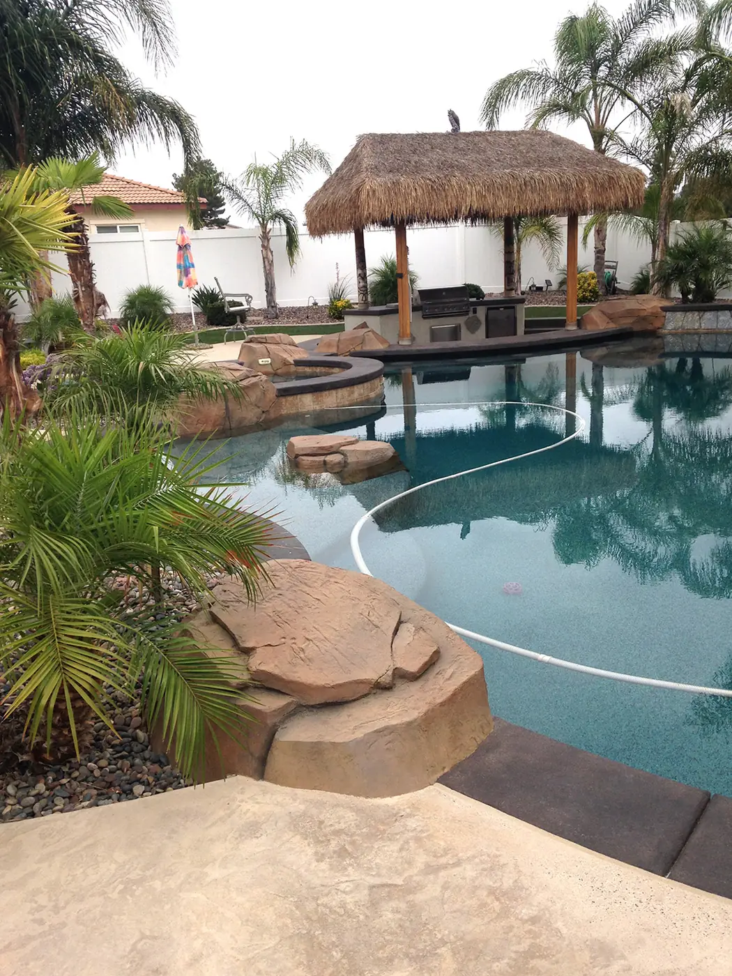 Freeform pool with restained rock and a thatched palapa bar