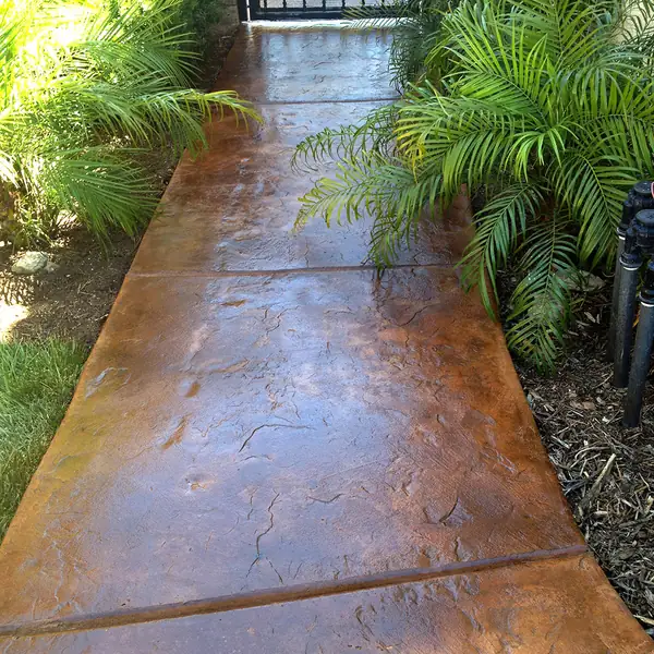Textured stained walkway running between tropical planting