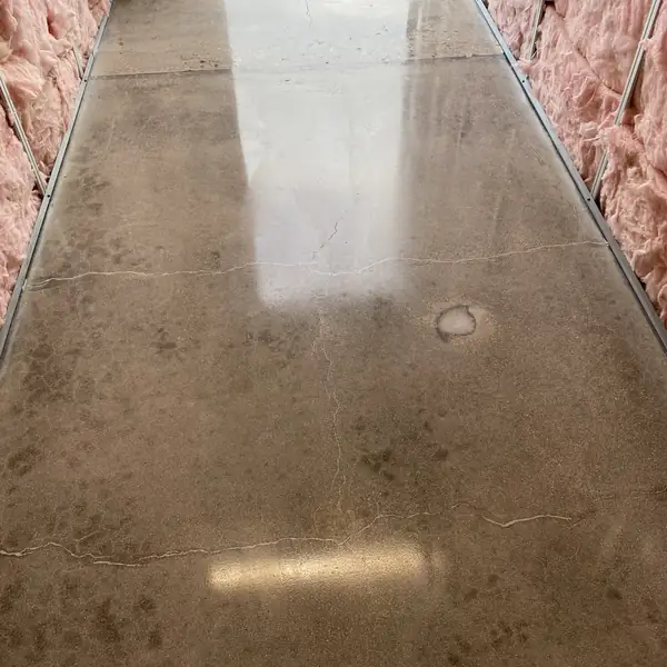 Polished concrete floor in a room still lined with insulation batts