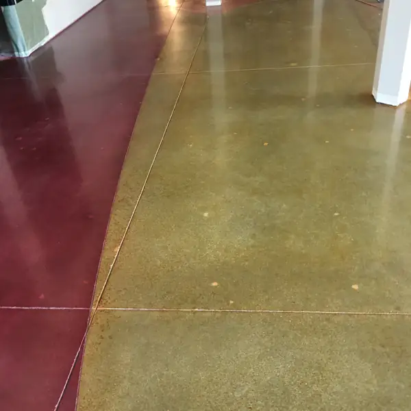 Olive and red stained polished concrete floor with a curved color break